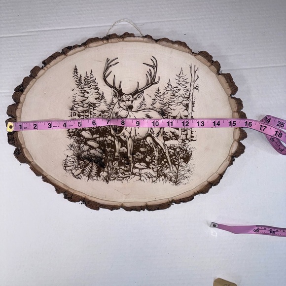 2/$50 Rustic Wood Slice Wall Art – Deer in Forest Scene – 16” Oval - Picture 3 of 5